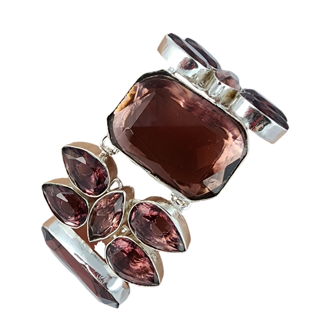 Plum brown faceted glass silver bracelet chunky statement bracelet